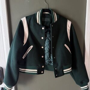 Blank NYC Dark Green Varsity Jacket with White Stripes